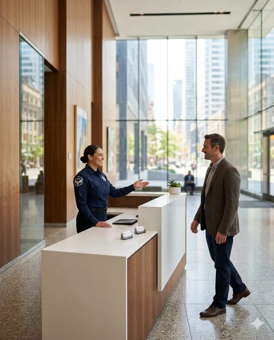 Uniformed lobby officer greeting visitors